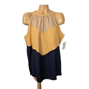 Hailey & Co Plus Size 1X Yellow Tan Navy Chevron Halter‎ Tied Fall Layering New